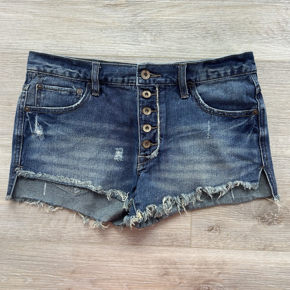 Free People Shorts Womens 27 Denim Distressed Exposed Button Fly Cuffed Raw Hem